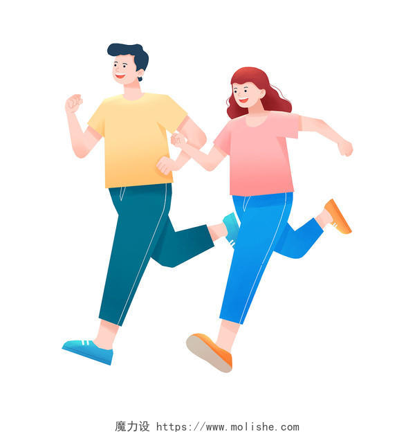 彩色手绘卡通扁平风男孩女孩跑步锻炼运动元素PNG素材